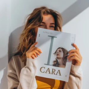 Mujer sosteniendo una revista con la portada que muestra un diseño minimalista. La portada incluye una imagen de una persona y el texto CARA en letras grandes