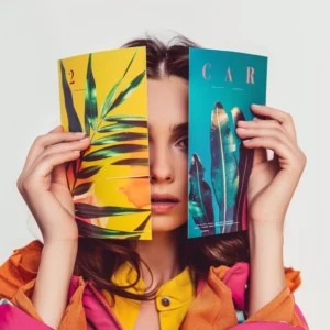 Mujer sosteniendo dos revistas coloridas que cubren parcialmente su rostro. Una revista tiene un diseño vibrante con hojas verdes sobre fondo amarillo, mientras la otra muestra una pluma en un fondo azul turquesa