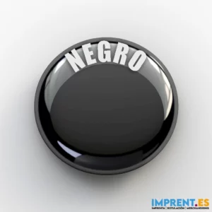 Botón redondo negro con el texto "NEGRO" en letras blancas. El botón tiene un acabado brillante y refleja luz, destacando su diseño moderno y elegante