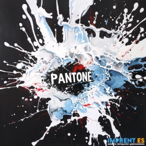 Ilustración vibrante con el texto PANTONE en el centro. El fondo está lleno de manchas y explosiones de colores como blanco, azul, rojo y negro creando un diseño dinámico y artístico