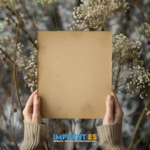 Mano sosteniendo una tarjeta en marrón, representando soluciones personalizadas de impresión
