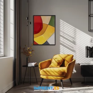 ¡Personaliza tu espacio con nuestro póster artístico! 🎨🖼️ Dale un toque único a tu hogar con este diseño minimalista que incluye un sillón moderno, una ventana contemporánea y un marco de póster artístico. Las sombras de la luz solar de la hora dorada le dan un toque especial a la paleta de colores amarillo, rojo y verde. ¡Explora nuestras opciones de personalización y haz que este diseño sea tuyo! #DecoraciónHogar #DiseñoInterior #Personalización #ArteModerno